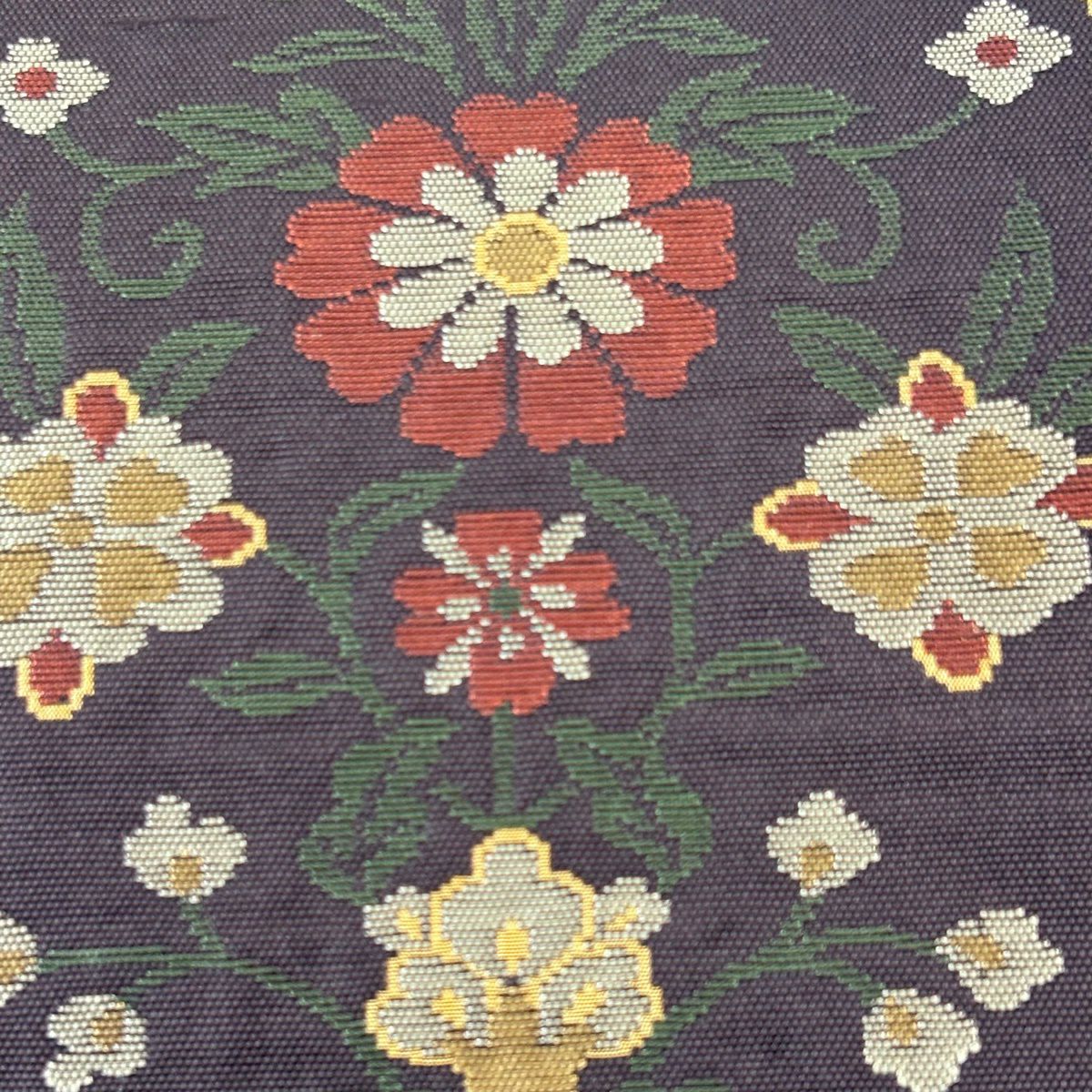 【美品】袋帶 名品級 落款あり 草花紋 黃土 深藍 六通 純蠶絲
