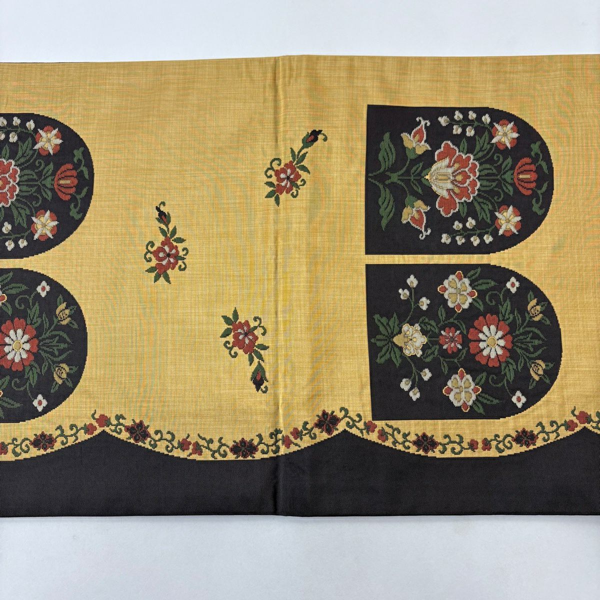 【美品】袋帶 名品級 落款あり 草花紋 黃土 深藍 六通 純蠶絲