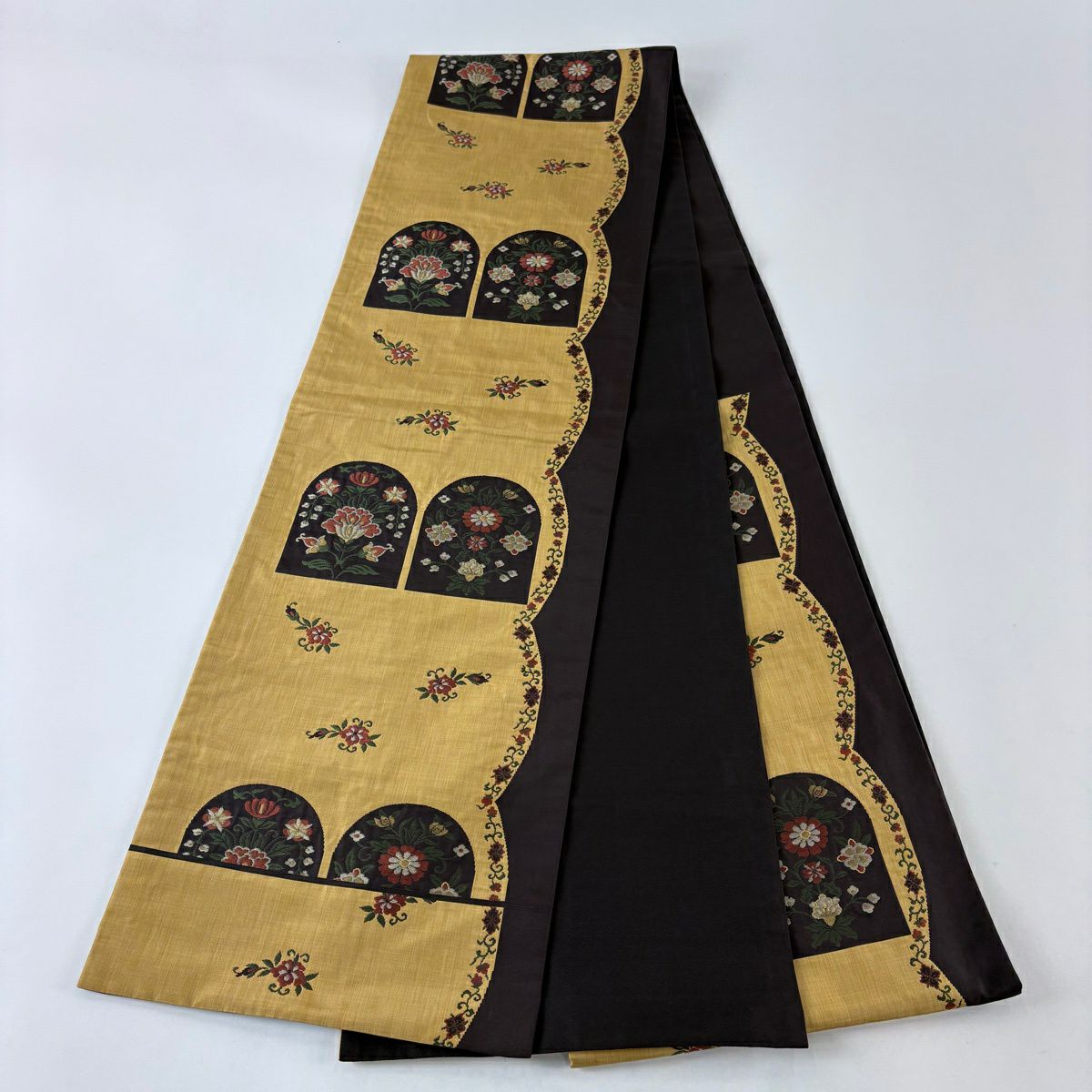 【美品】袋帶 名品級 落款あり 草花紋 黃土 深藍 六通 純蠶絲