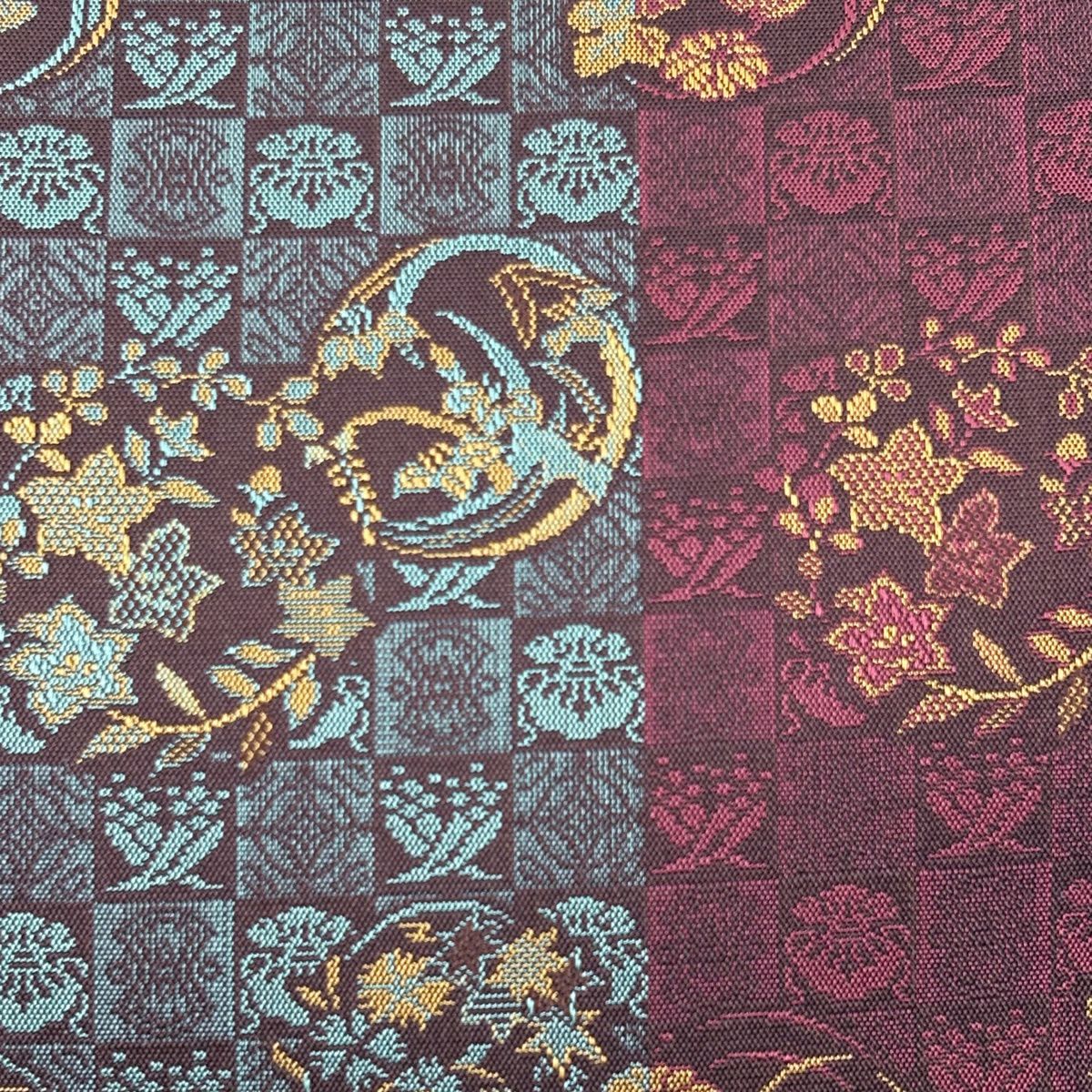【美品】 袋帶 名品級 雙面 花丸紋 秋草 深紅色 全通 純蠶絲