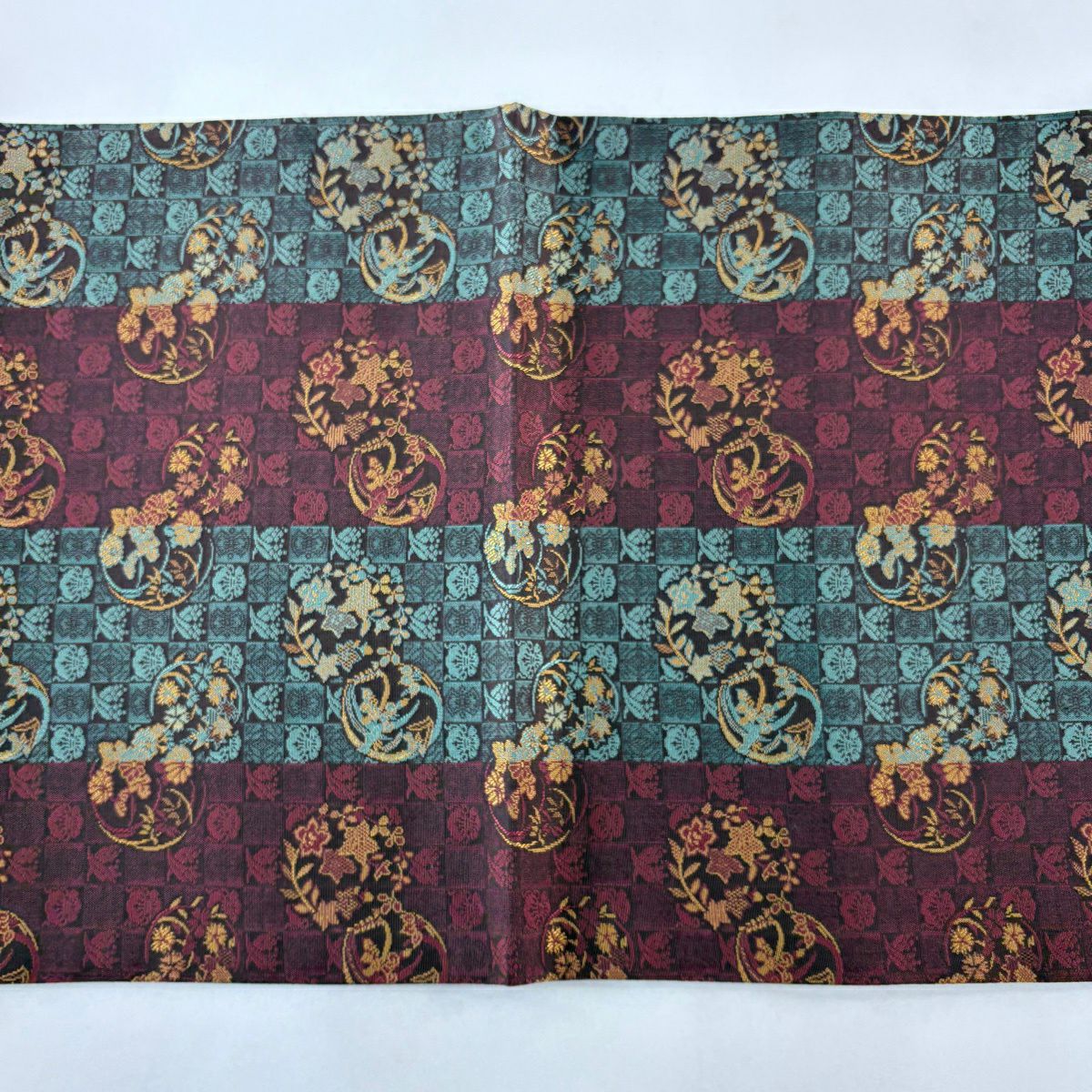 【美品】 袋帶 名品級 雙面 花丸紋 秋草 深紅色 全通 純蠶絲