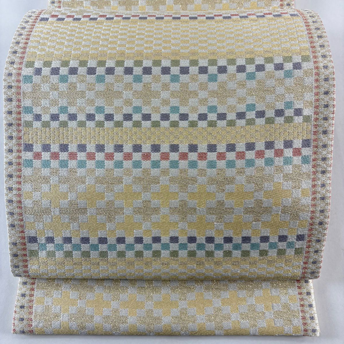 【美品】 袋帶 名品級 市松樹 金銀線 金金箔 米色 六通 純蠶絲