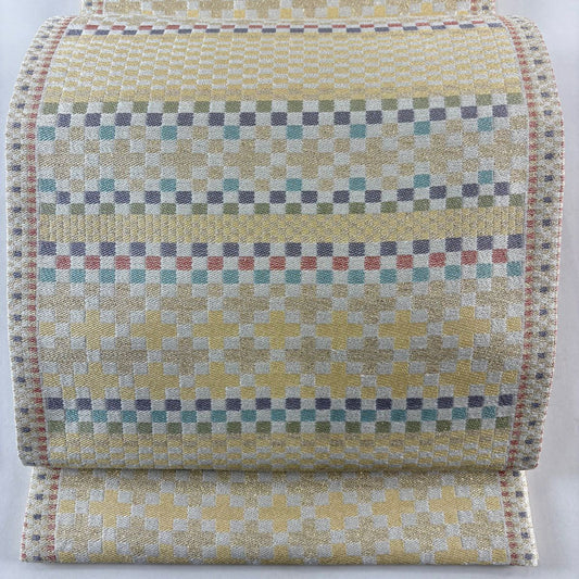 【美品】 袋帶 名品級 市松樹 金銀線 金金箔 米色 六通 純蠶絲