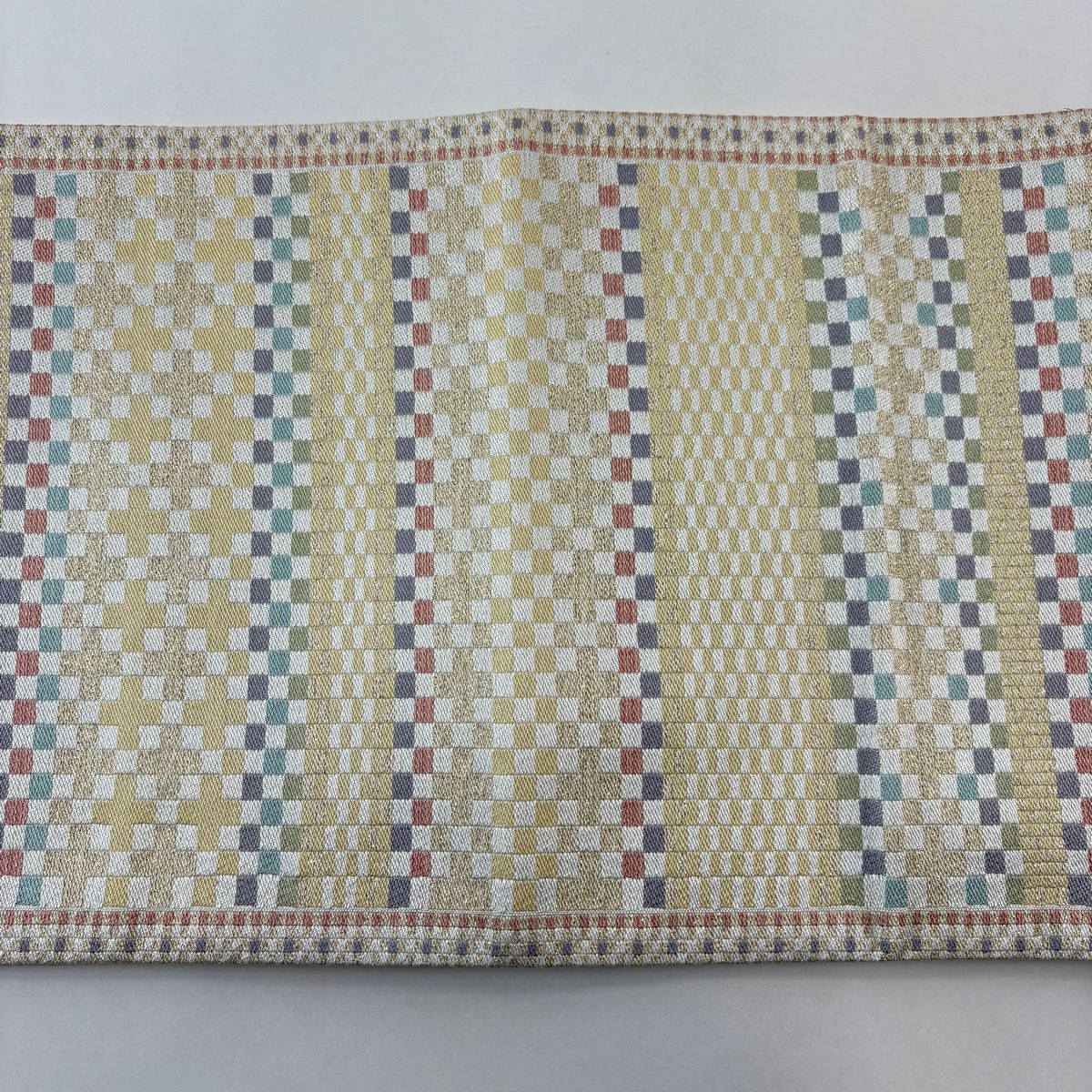 【美品】 袋帶 名品級 市松樹 金銀線 金金箔 米色 六通 純蠶絲