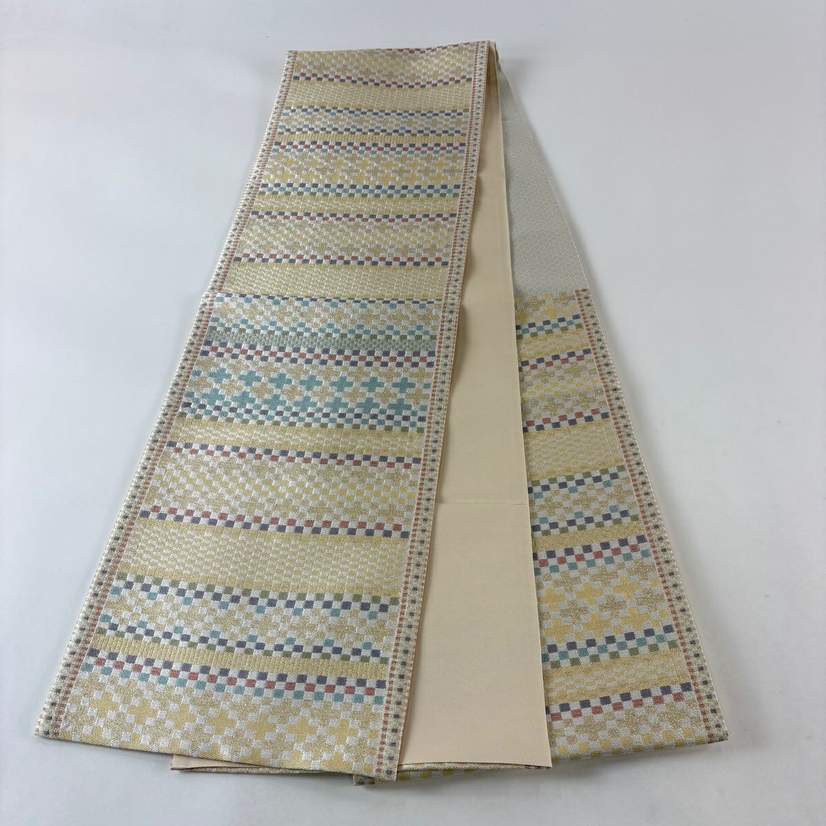 【美品】 袋帶 名品級 市松樹 金銀線 金金箔 米色 六通 純蠶絲