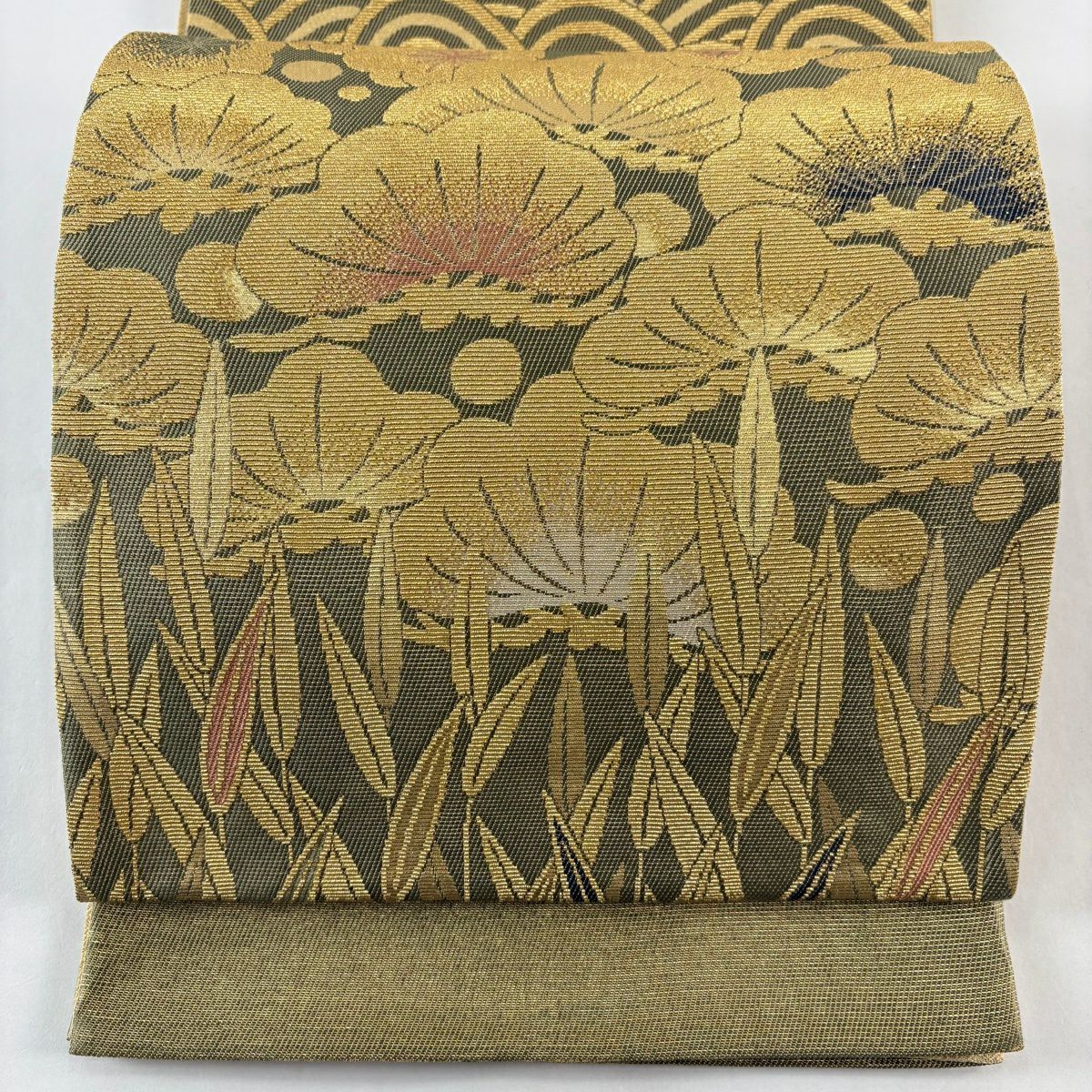 【美品】 袋帶 名品級 松樹竹子梅花 波 金糸 鶯 深藍 六通 純蠶絲