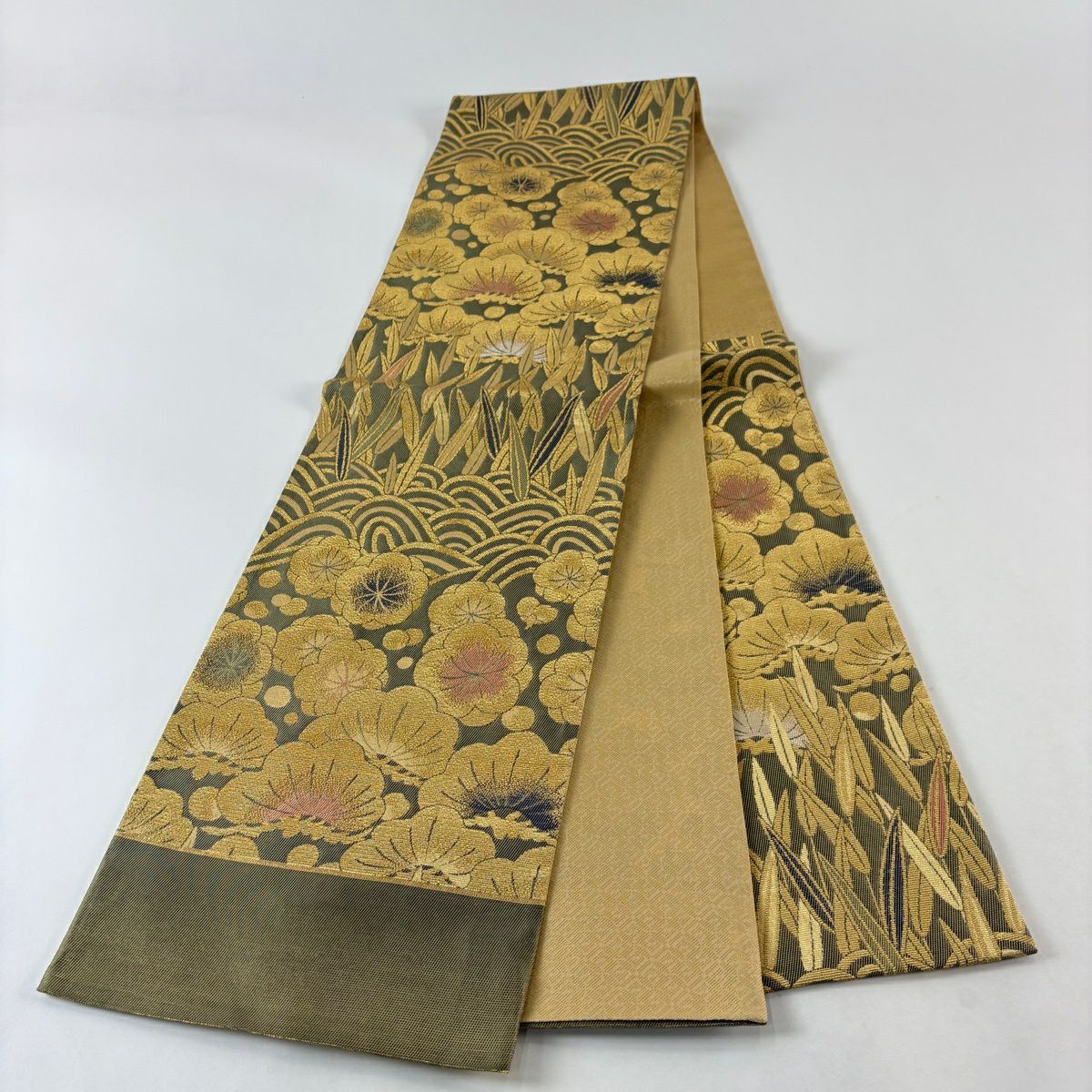 【美品】 袋帶 名品級 松樹竹子梅花 波 金糸 鶯 深藍 六通 純蠶絲