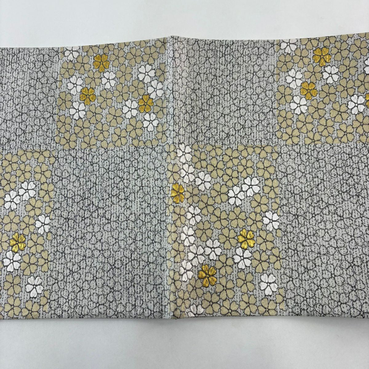 【美品】 袋帶 名品級 櫻花 金線 灰色 全通 純蠶絲