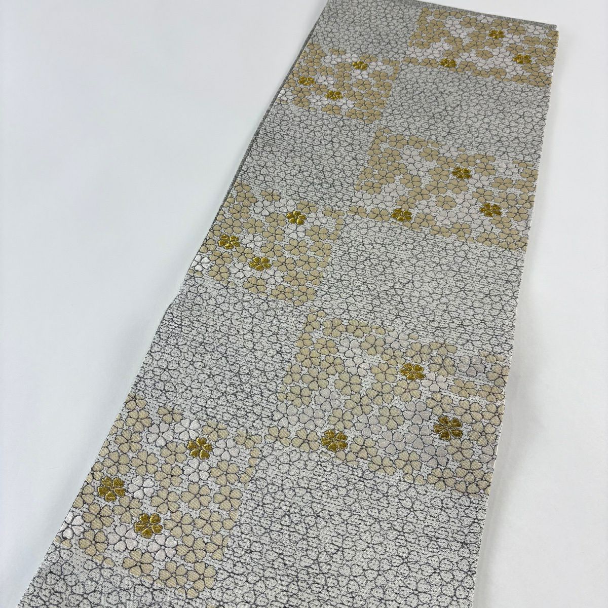 【美品】 袋帶 名品級 櫻花 金線 灰色 全通 純蠶絲