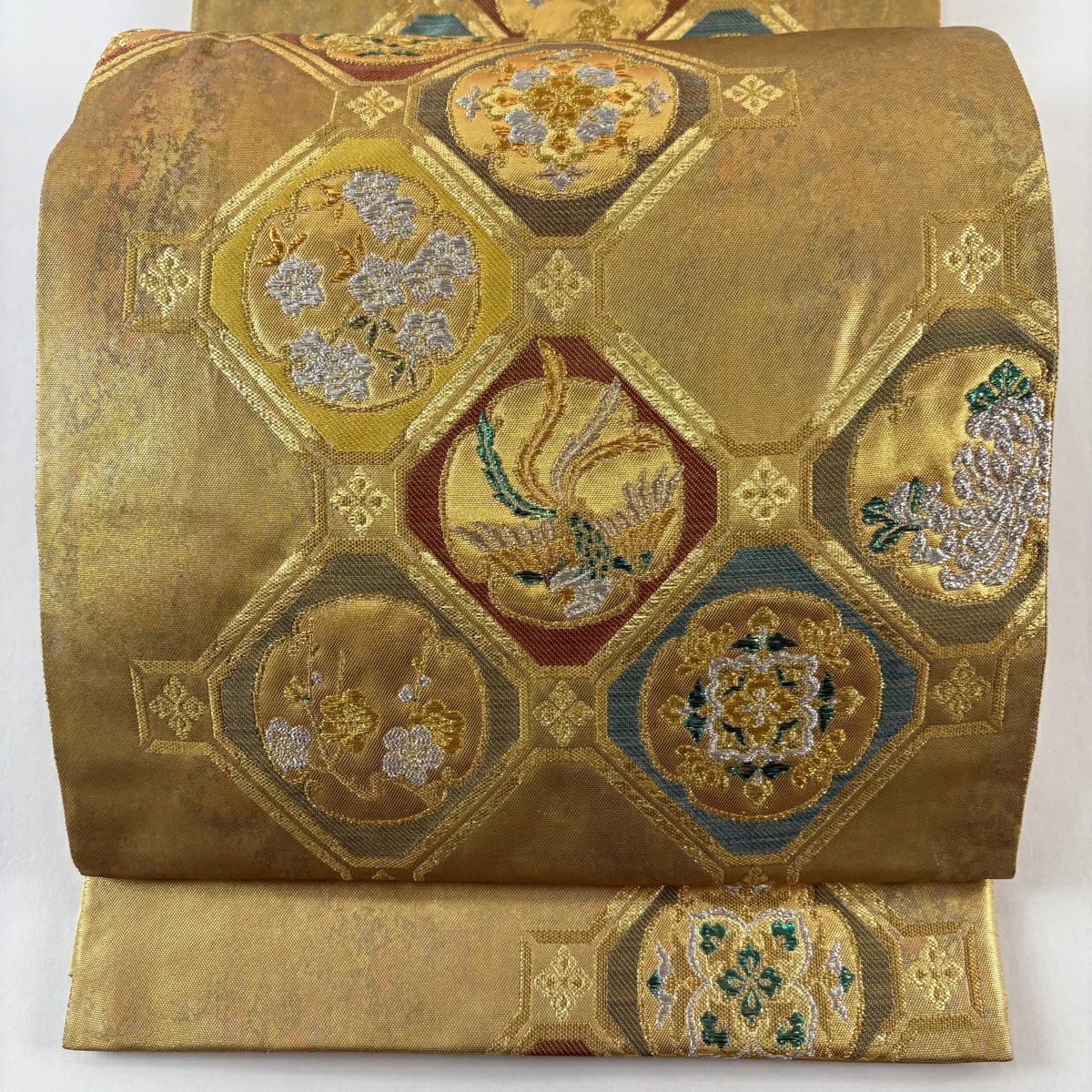 袋帶 名品級 華紋 鳳凰 金銀絲 金金箔 金茶 六通 純蠶絲