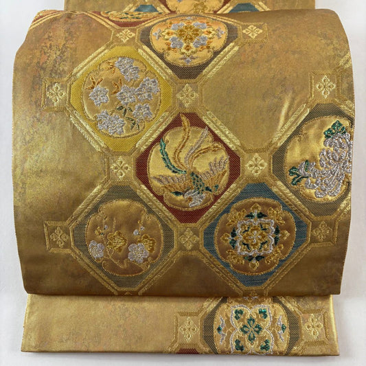 袋帶 名品級 華紋 鳳凰 金銀絲 金金箔 金茶 六通 純蠶絲