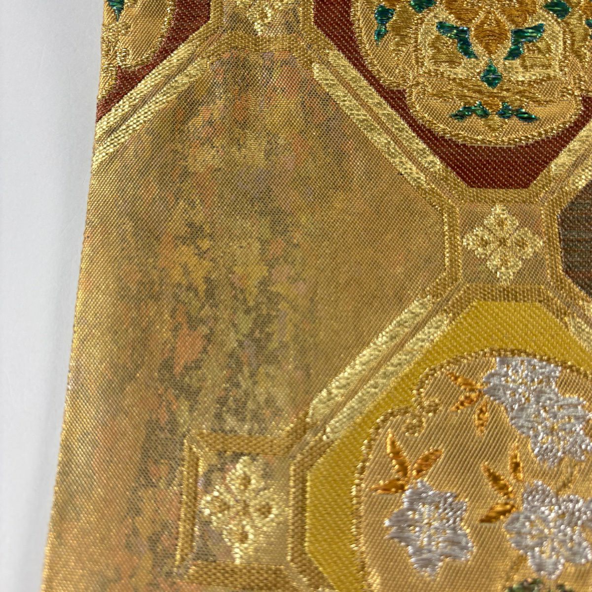 袋帶 名品級 華紋 鳳凰 金銀絲 金金箔 金茶 六通 純蠶絲