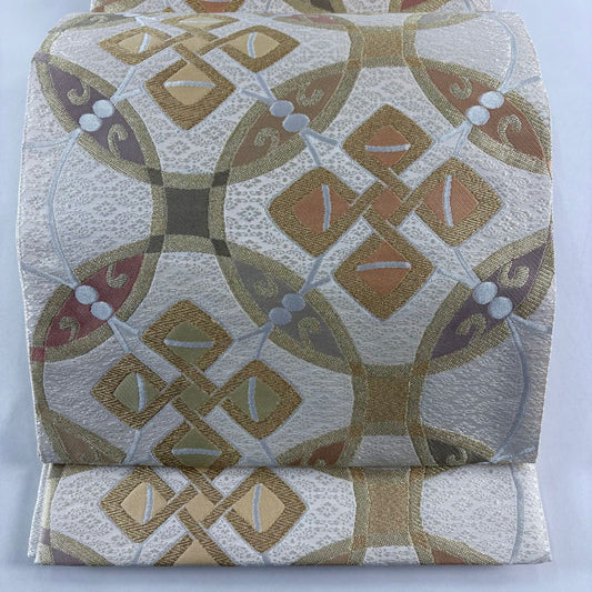 【美品】 袋帶 名品級 幾何圖案 金銀線 米色 六通 純蠶絲