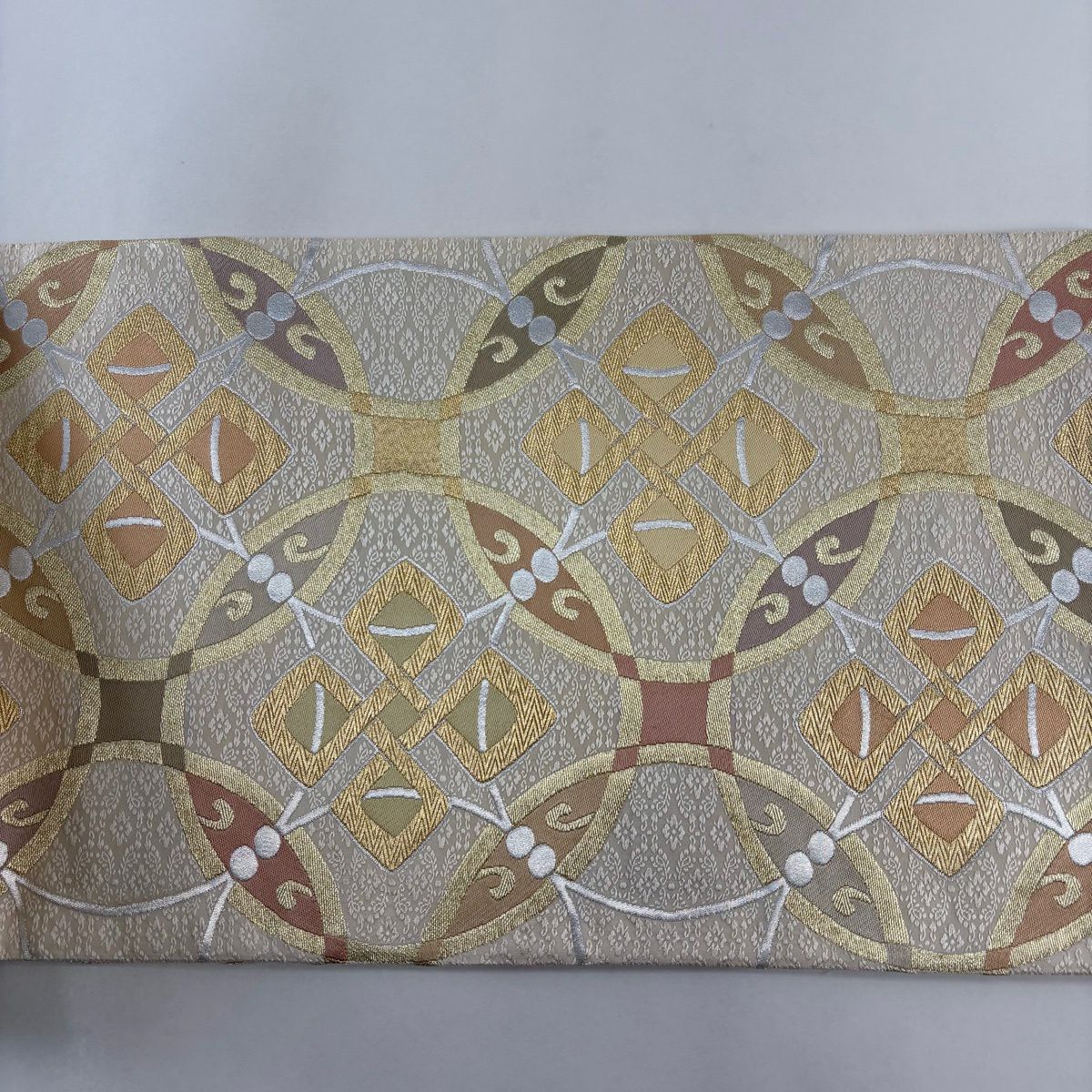 【美品】 袋帶 名品級 幾何圖案 金銀線 米色 六通 純蠶絲