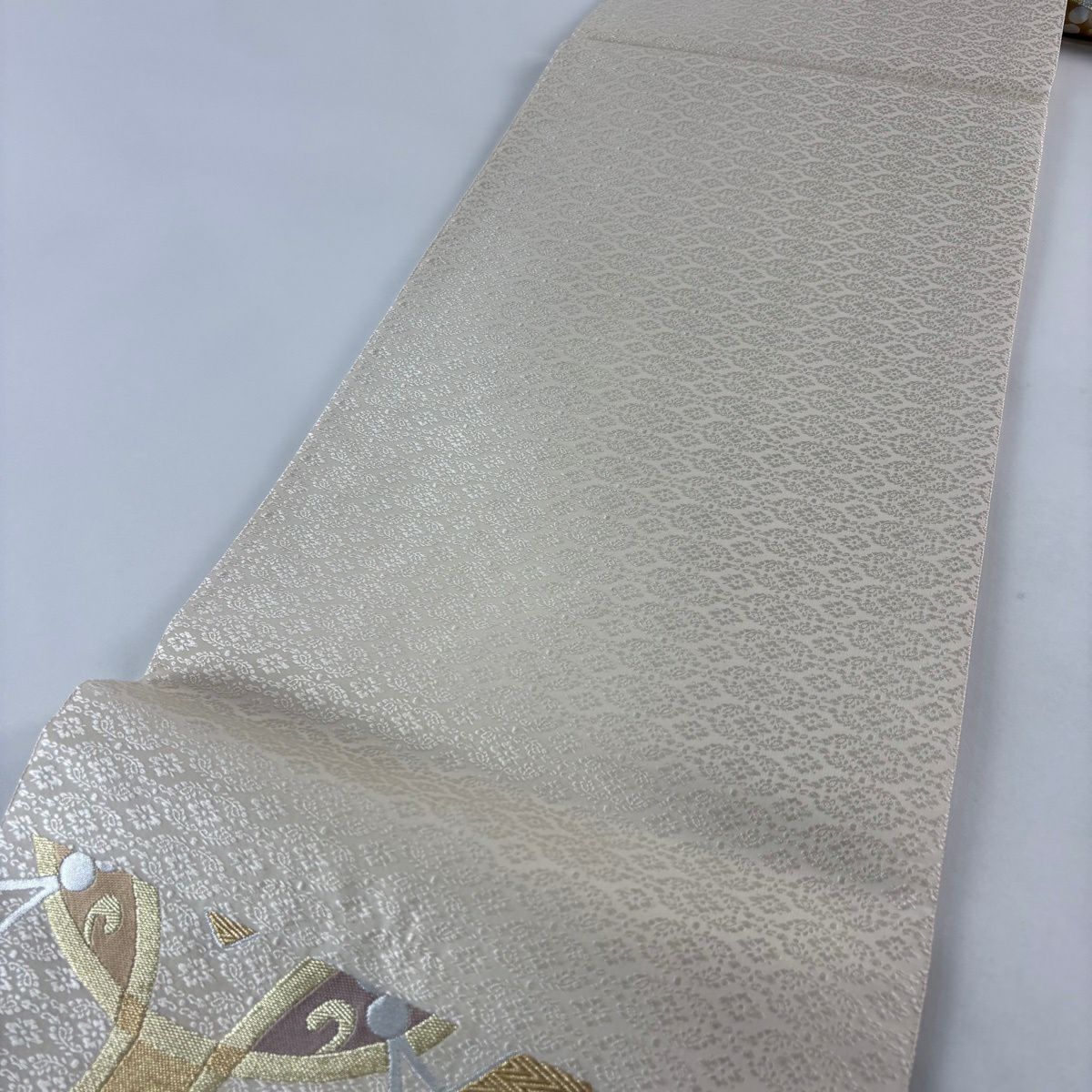 【美品】 袋帶 名品級 幾何圖案 金銀線 米色 六通 純蠶絲