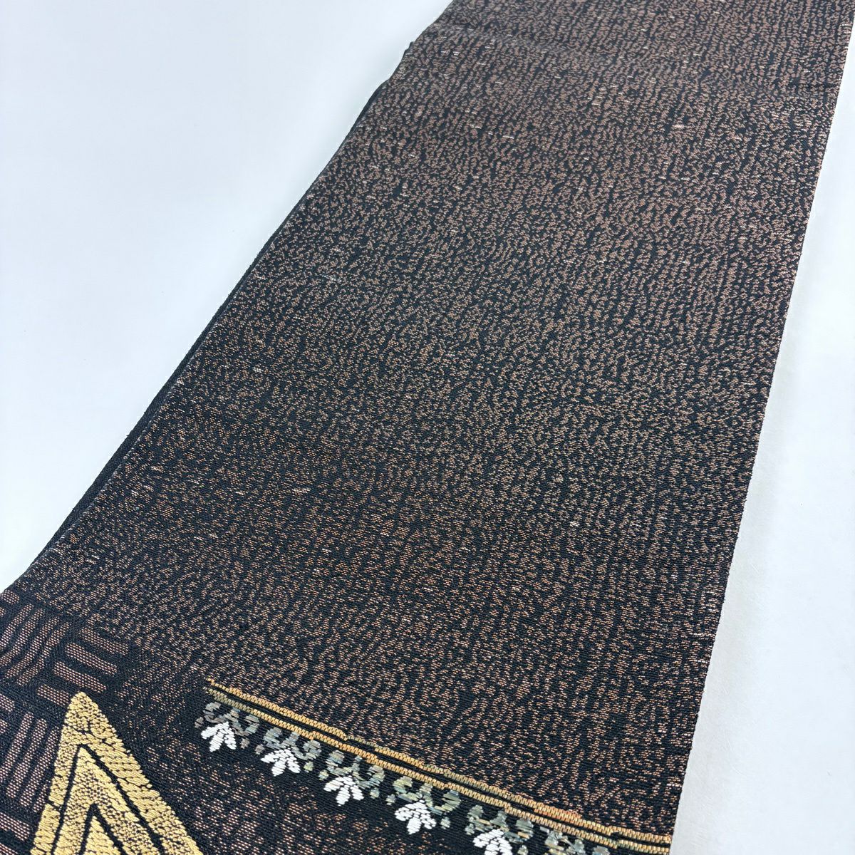 【美品】 袋帶 名品級 花 幾何圖案 墨色 六通 純蠶絲