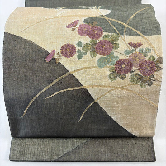 【美品】 袋帶 名品級 帝王紫 落款 菊花 流水 金金箔 深綠 お太鼓柄 純蠶絲