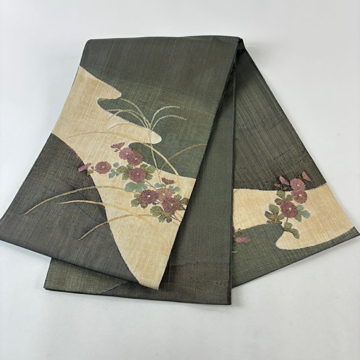 【美品】 袋帶 名品級 帝王紫 落款 菊花 流水 金金箔 深綠 お太鼓柄 純蠶絲