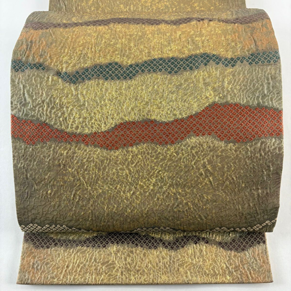 【美品】 袋帶 名品級 渡文 落款あり 疋田紋 縞 金金箔 唐織 黃土 深藍色 六通 純蠶絲