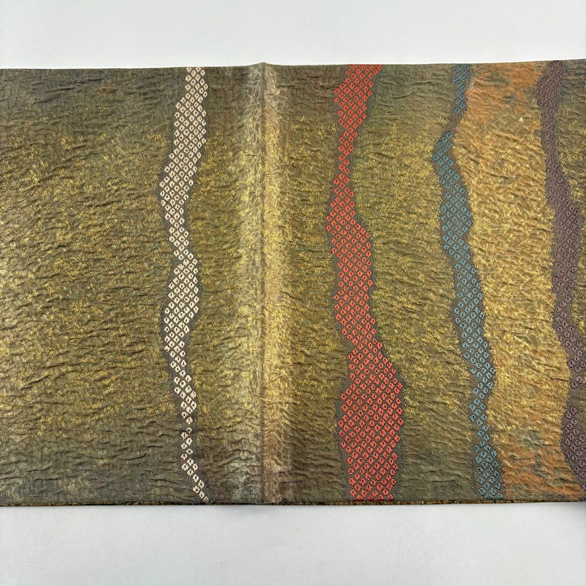 【美品】 袋帶 名品級 渡文 落款あり 疋田紋 縞 金金箔 唐織 黃土 深藍色 六通 純蠶絲