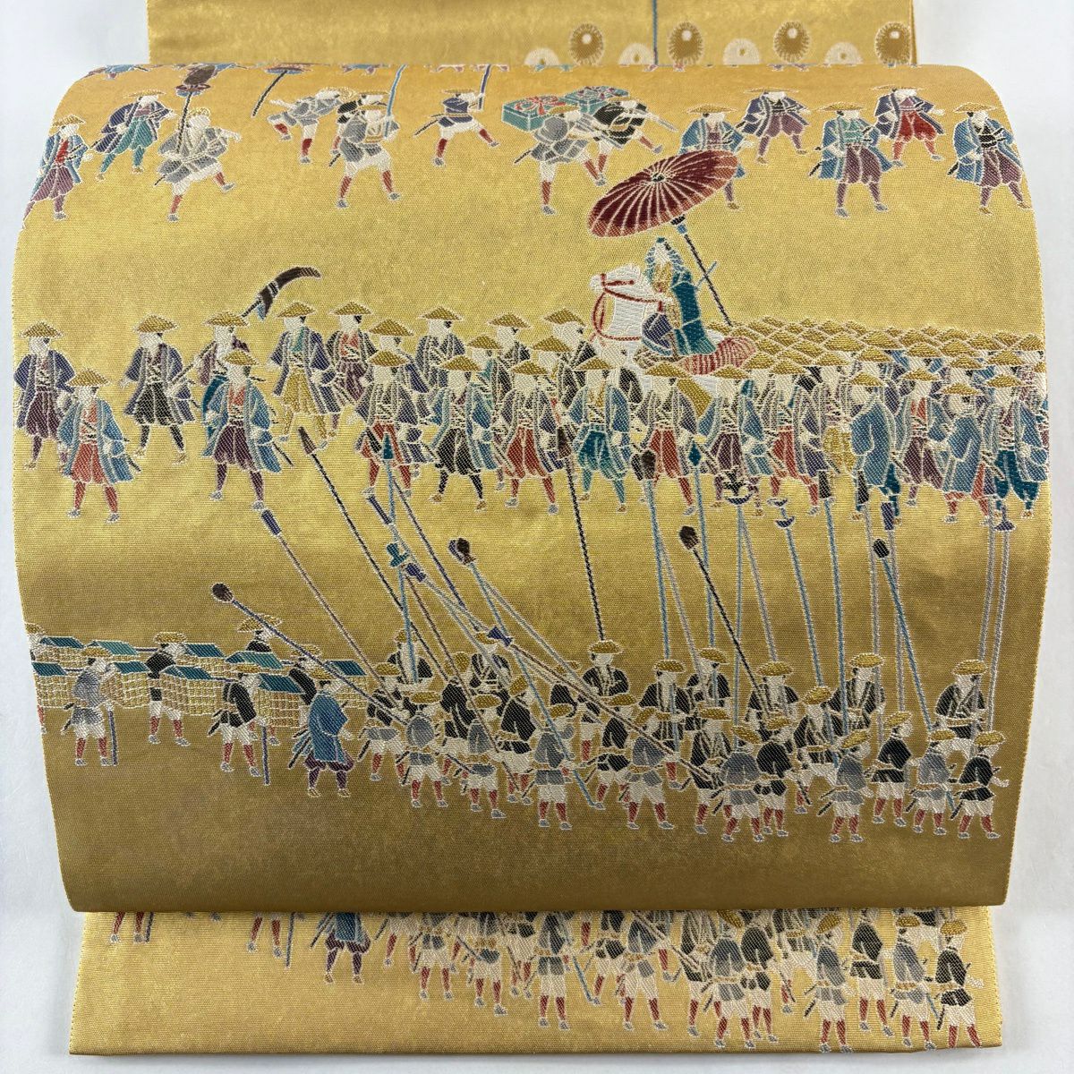 【美品】 袋帶 名品級 熊谷好博子 落款あり 大名行列圖 人物 金金箔 金色 大鼓圖案 純蠶絲