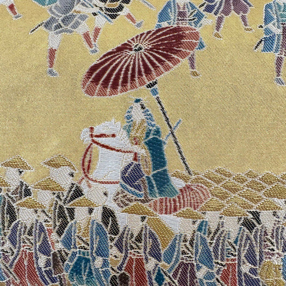 【美品】 袋帶 名品級 熊谷好博子 落款あり 大名行列圖 人物 金金箔 金色 大鼓圖案 純蠶絲