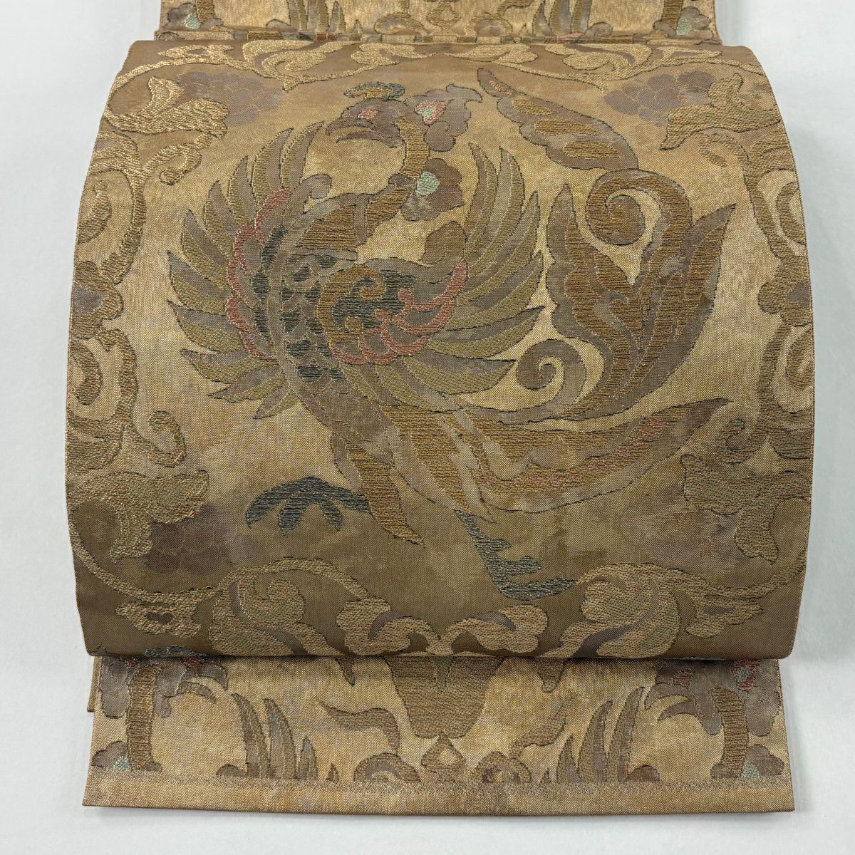 袋帶 逸品級 洛風林 落款あり 關西仕立 鳳凰 草花紋 金絲 金金箔 金茶 全通 純蠶絲