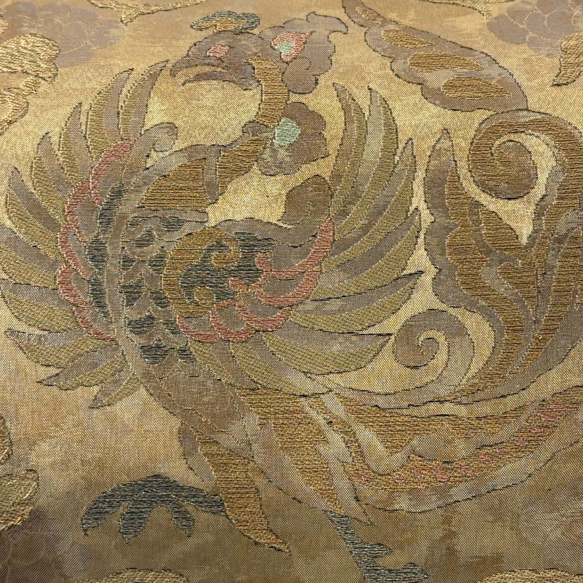 袋帶 逸品級 洛風林 落款あり 關西仕立 鳳凰 草花紋 金絲 金金箔 金茶 全通 純蠶絲