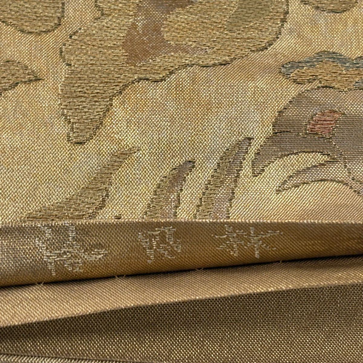 袋帶 逸品級 洛風林 落款あり 關西仕立 鳳凰 草花紋 金絲 金金箔 金茶 全通 純蠶絲