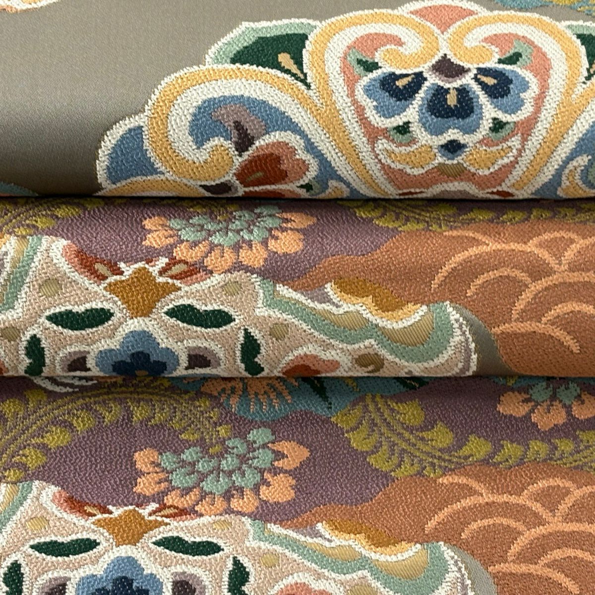 【美品】 袋帶 逸品級 白綾苑大庭 落款あり 關西仕立 華紋 花鳥 金金箔 灰紫 六通 純蠶絲