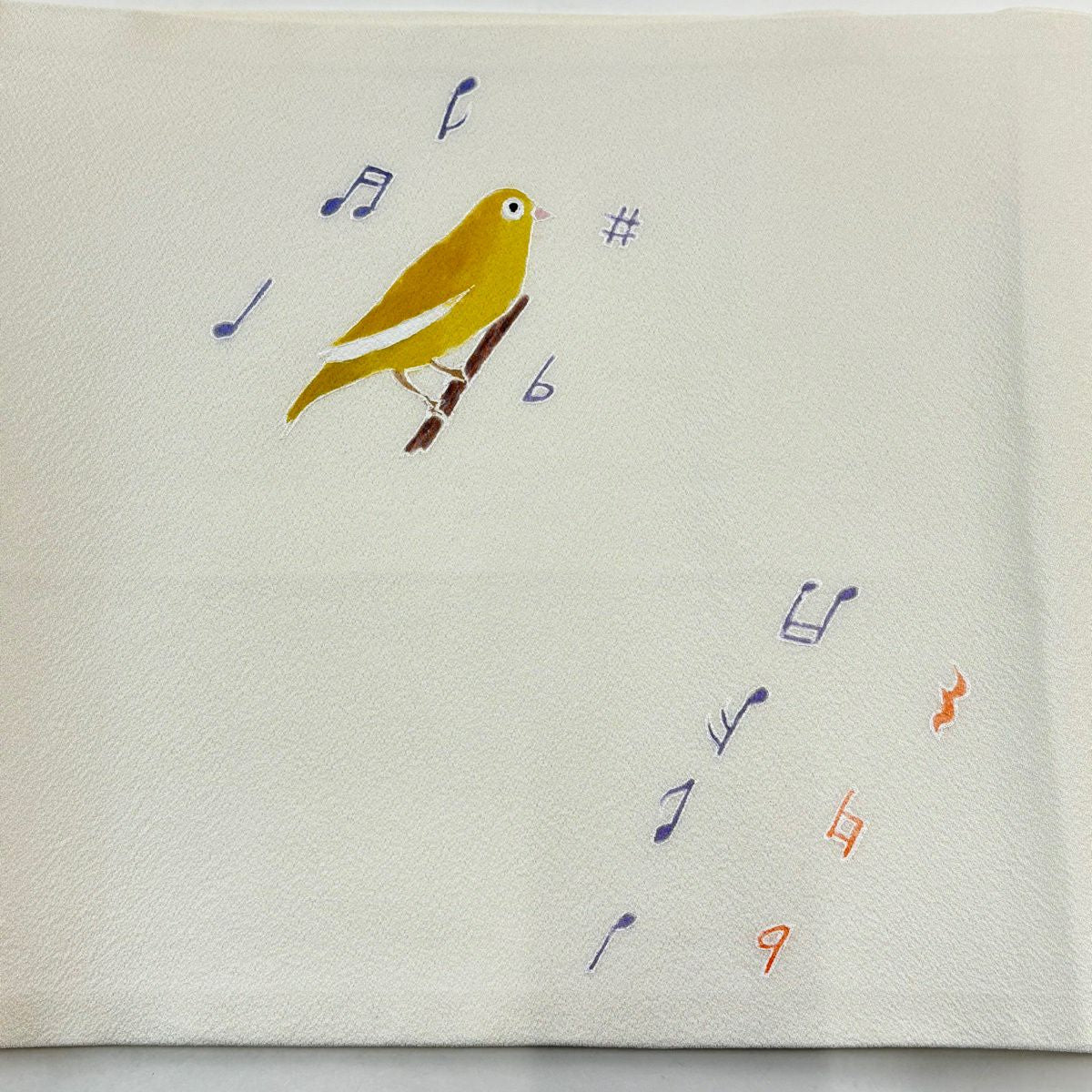 開口名古屋帶 逸品級 附有落款 鳥 音符 奶油色 純蠶絲
