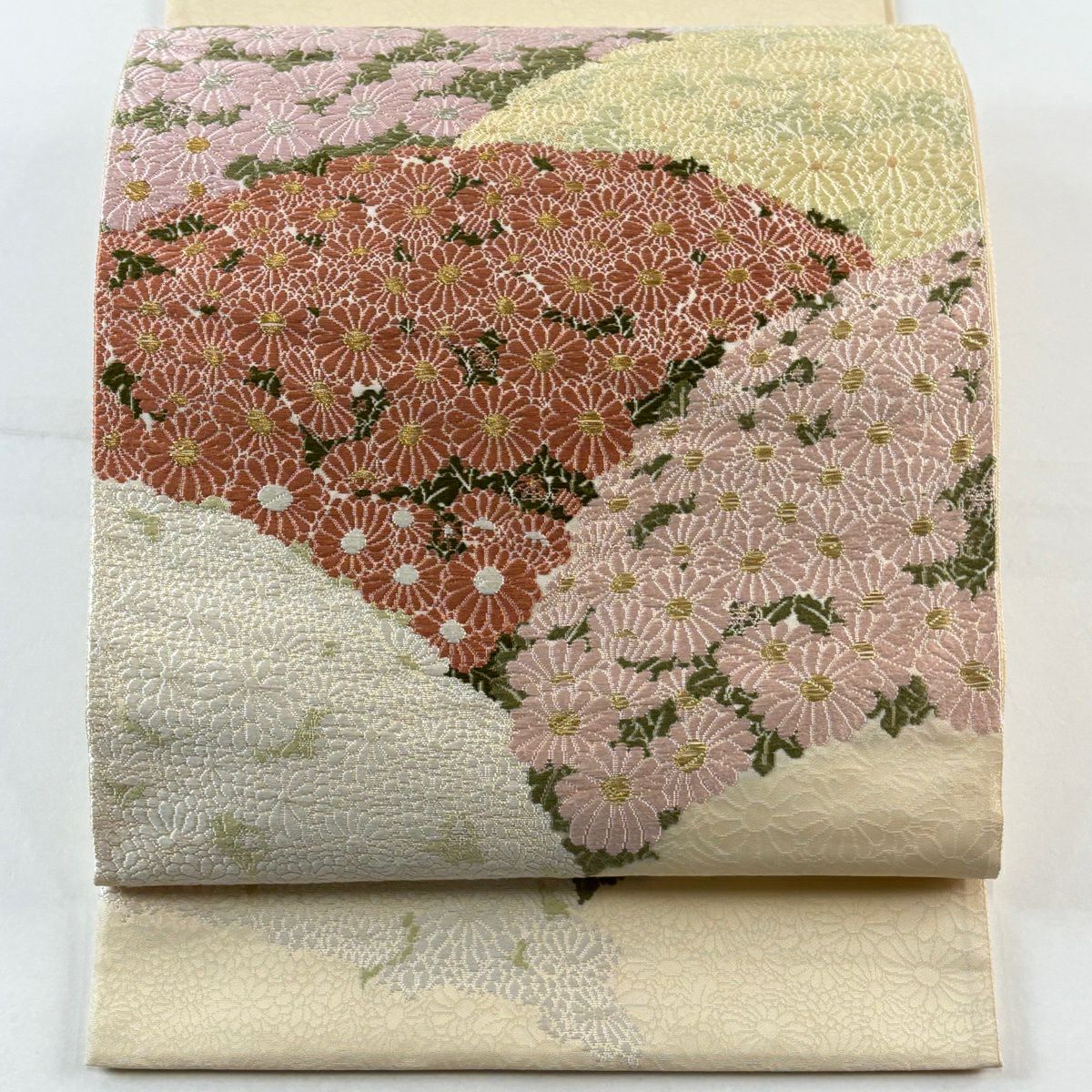 袋帶 逸品級 山口美術織物 落款 菊花地重陽文 金絲 奶油色 大鼓圖案 純蠶絲