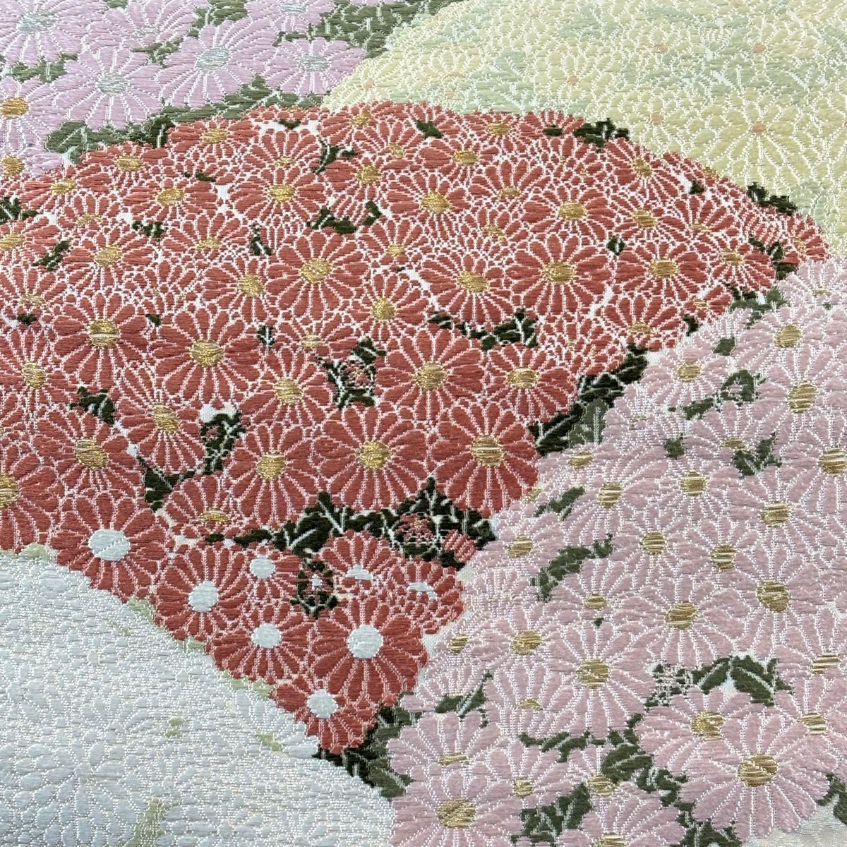 袋帶 逸品級 山口美術織物 落款 菊花地重陽文 金絲 奶油色 大鼓圖案 純蠶絲