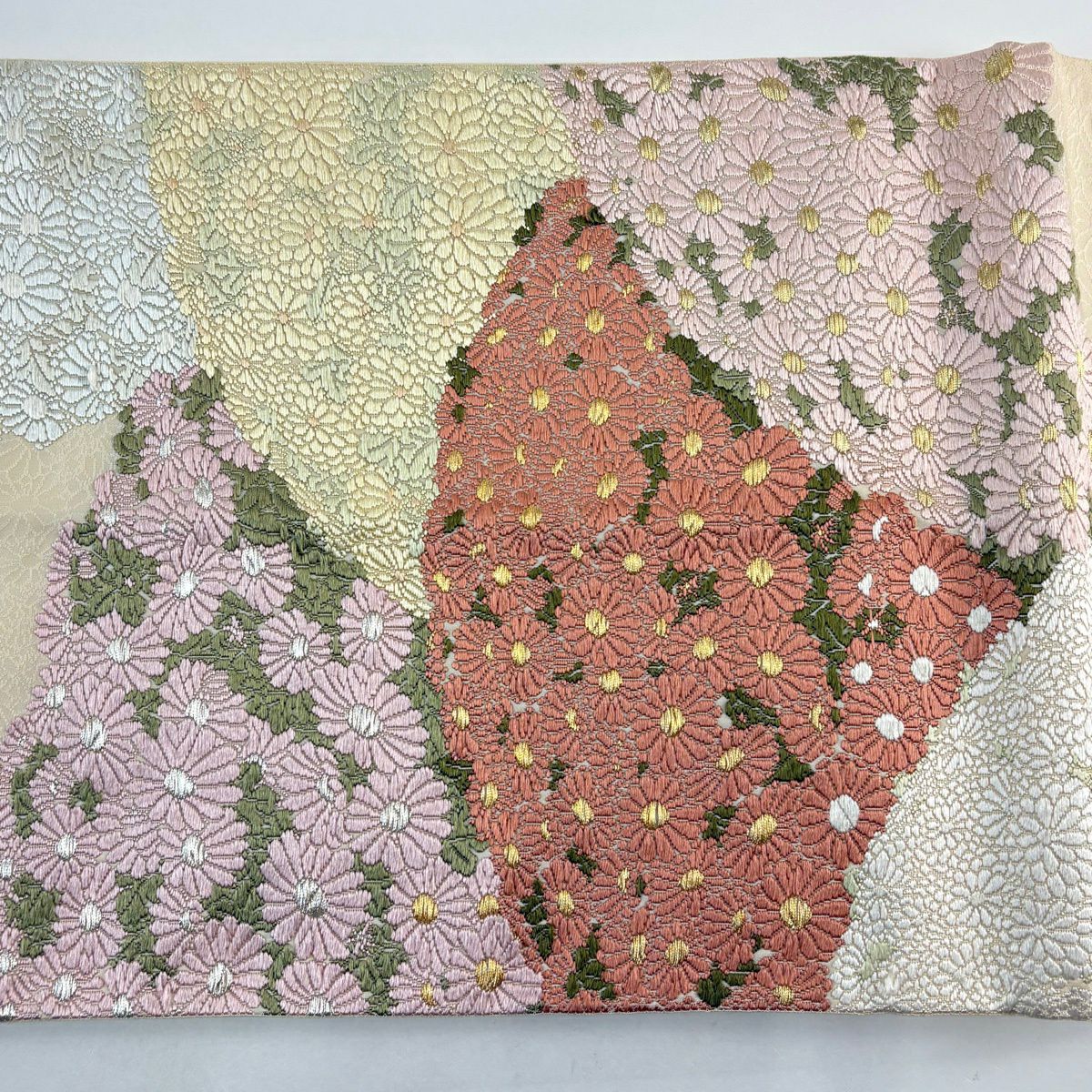 袋帶 逸品級 山口美術織物 落款 菊花地重陽文 金絲 奶油色 大鼓圖案 純蠶絲
