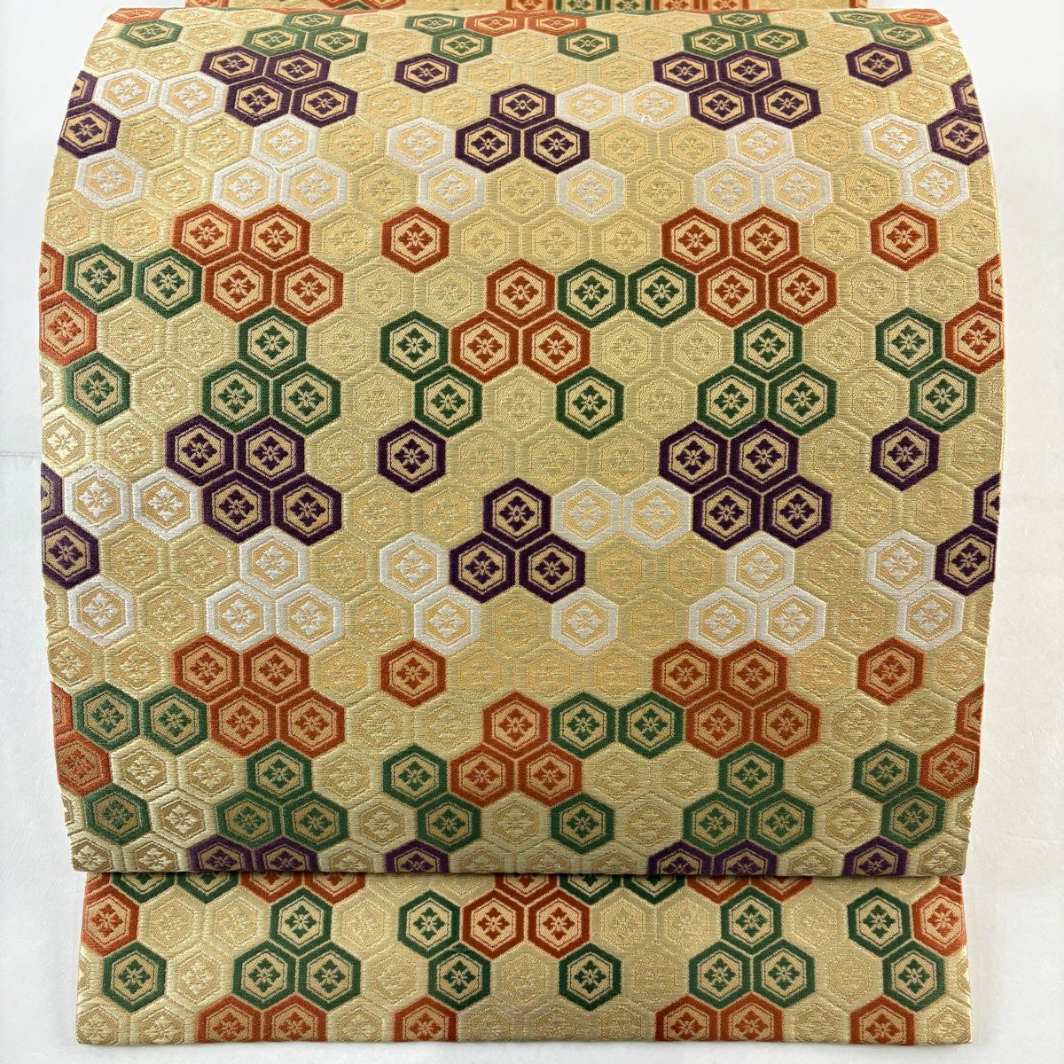 【美品】 袋帶 逸品級 人間國寶 喜多川平朗 龜甲 花菱 米色 六通 純蠶絲
