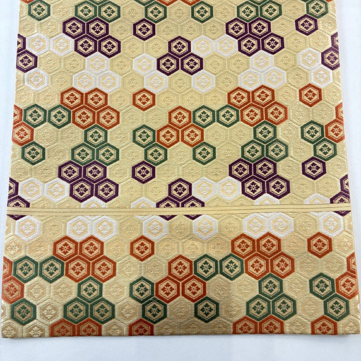 【美品】 袋帶 逸品級 人間國寶 喜多川平朗 龜甲 花菱 米色 六通 純蠶絲