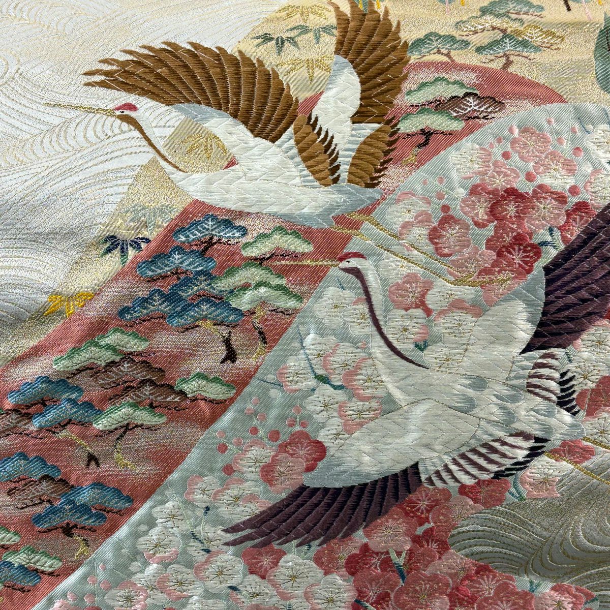 袋帶 逸品級 百貫華峰 附有落款 仙鶴 波 金金箔 灰色 六通 純蠶絲