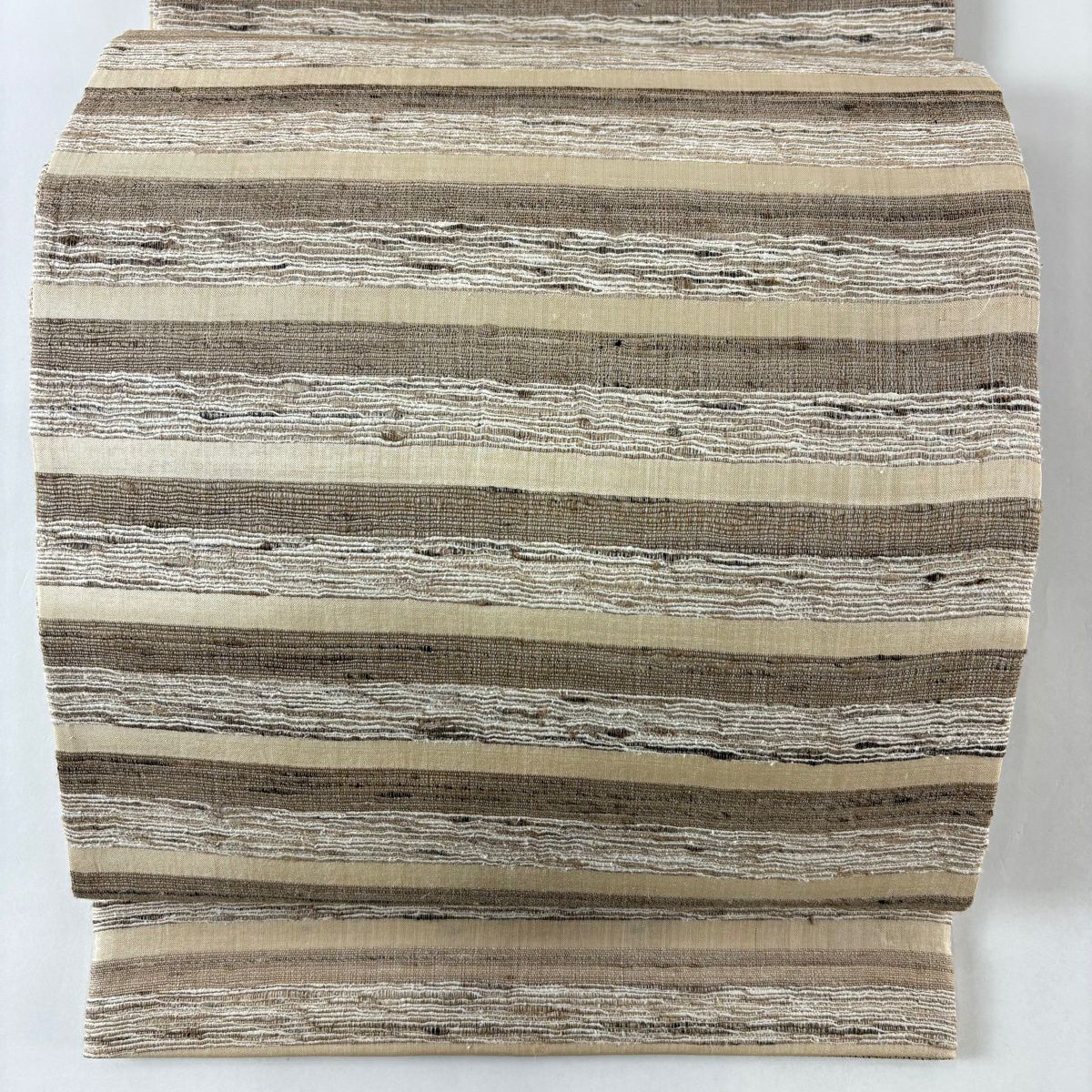 【美品】 袋帶 逸品級 段紋 米色 全通 純蠶絲