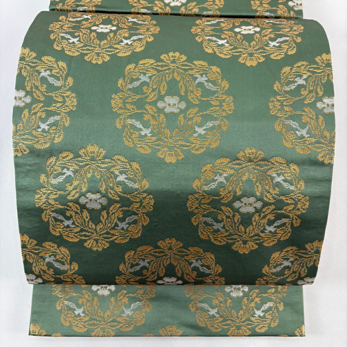 【美品】 袋帶 逸品級 龍村晋 落款 草花紋 鳥 金金箔 淺綠 全通 純蠶絲