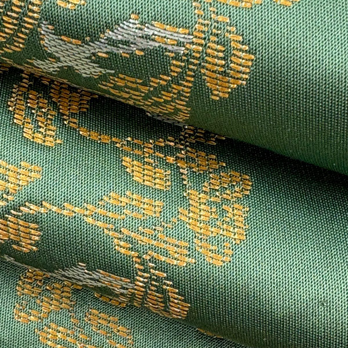 【美品】 袋帶 逸品級 龍村晋 落款 草花紋 鳥 金金箔 淺綠 全通 純蠶絲