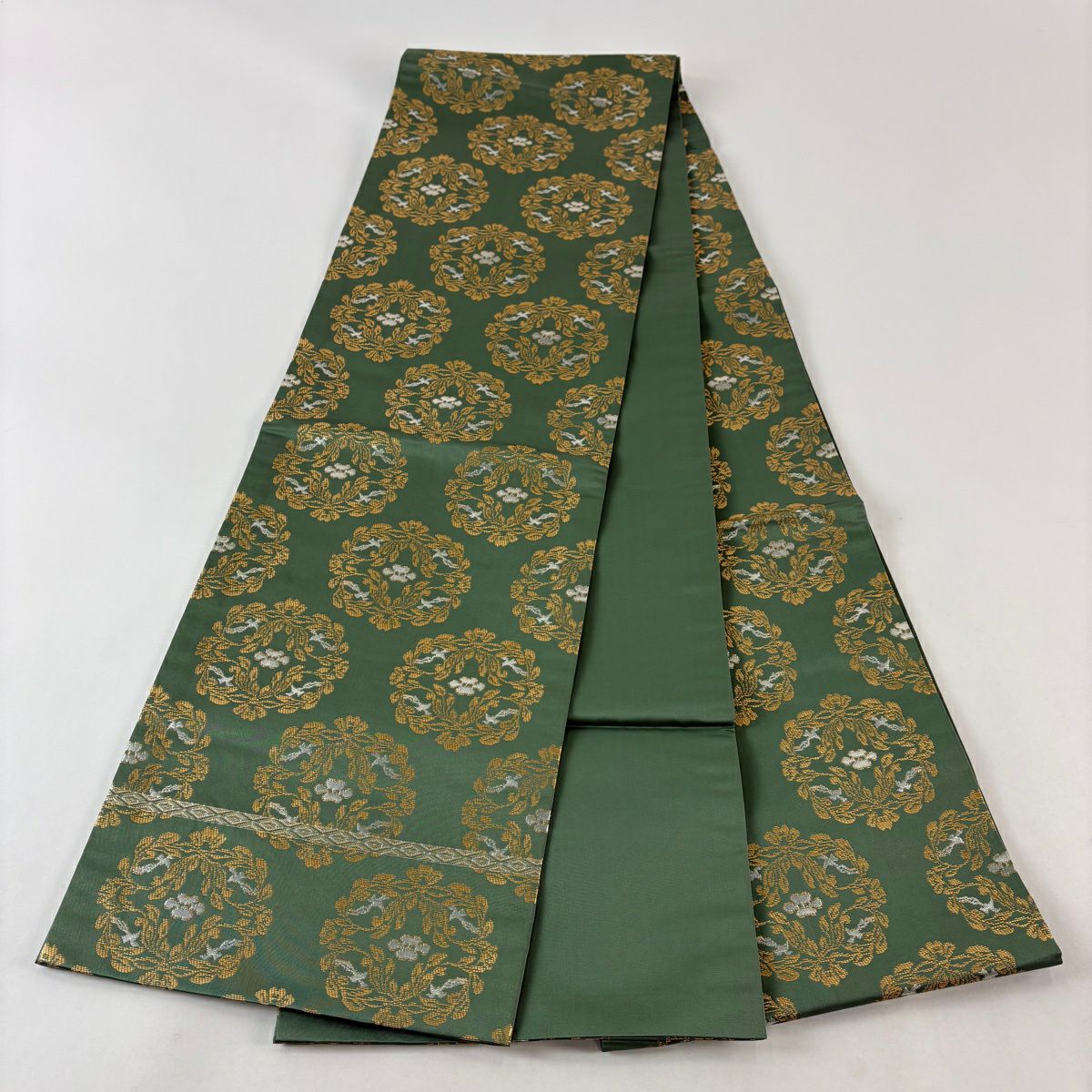 【美品】 袋帶 逸品級 龍村晋 落款 草花紋 鳥 金金箔 淺綠 全通 純蠶絲