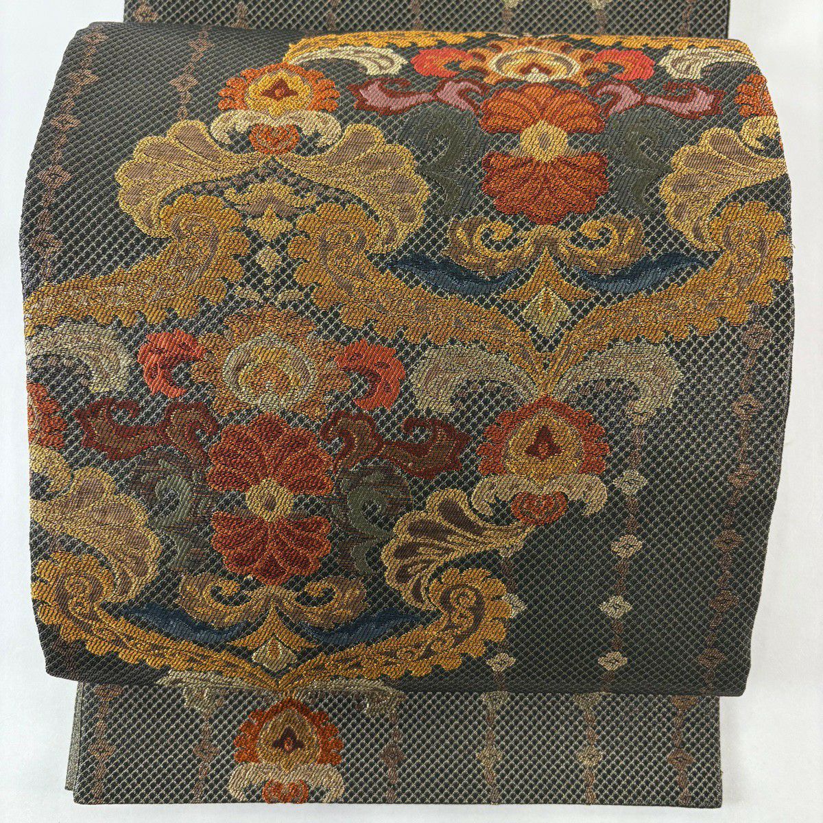 【美品】 袋帶 逸品級 紋屋井關 落款 草花紋 小花 御寮織 金金箔 茶綠 お太鼓柄 純蠶絲