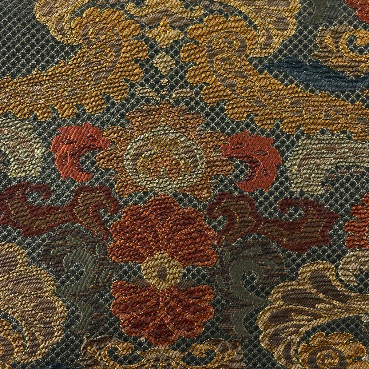 【美品】 袋帶 逸品級 紋屋井關 落款 草花紋 小花 御寮織 金金箔 茶綠 お太鼓柄 純蠶絲