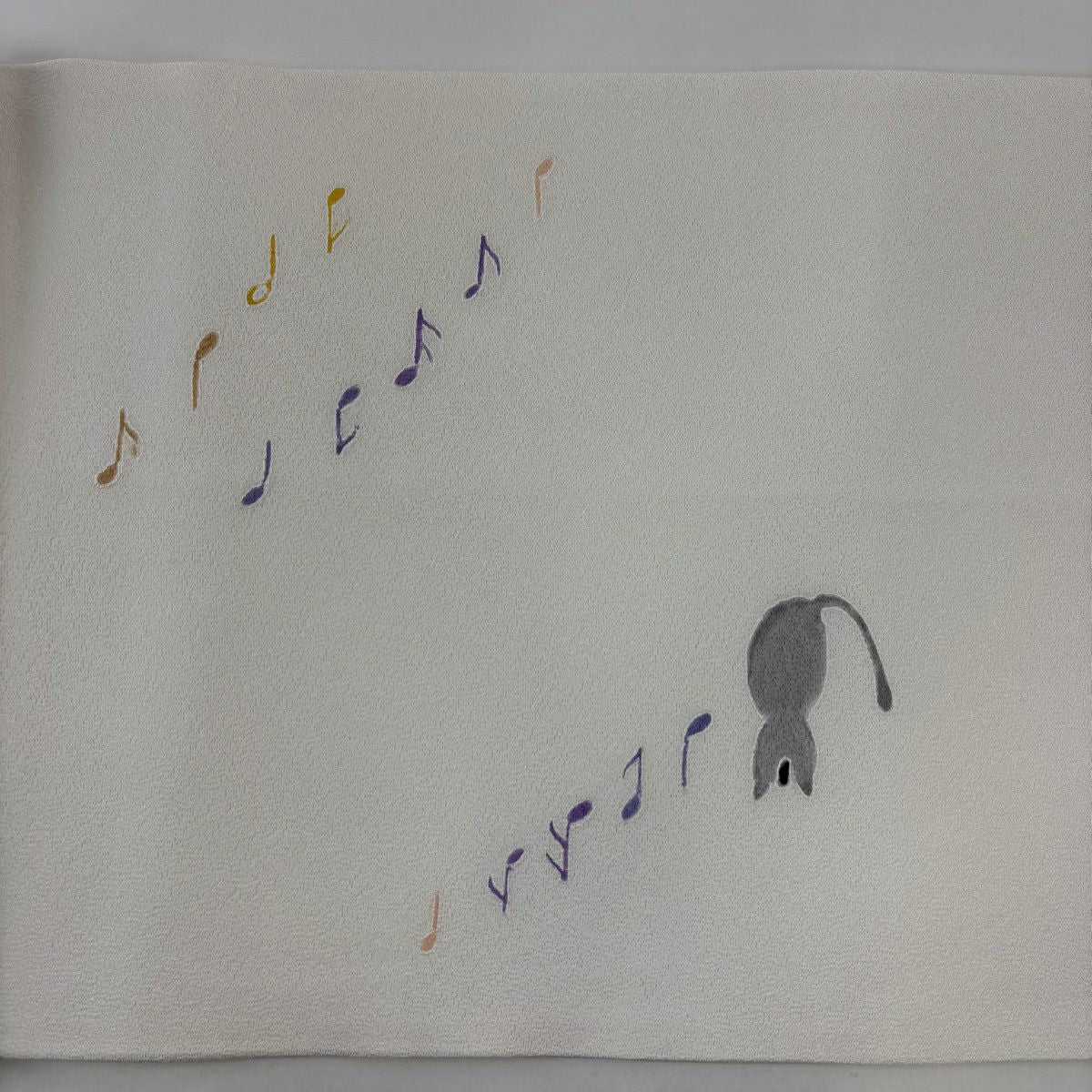 【美品】 開口名古屋帶 逸品級 附有落款 貓咪 音符 奶油色 純蠶絲
