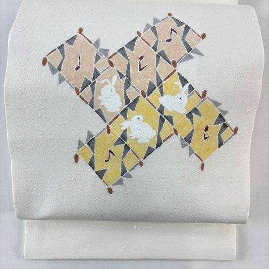 開口名古屋帶 逸品級 附有落款 兔子 音符 奶油色 純蠶絲