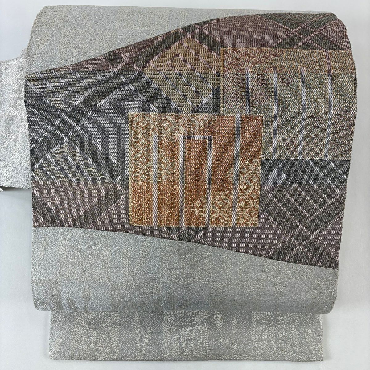 名古屋帶 逸品級 源氏香 市松樹 金金箔 灰色 純蠶絲
