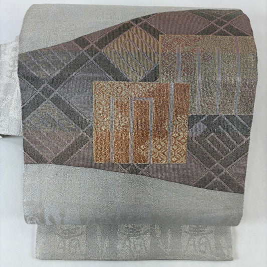 名古屋帶 逸品級 源氏香 市松樹 金金箔 灰色 純蠶絲