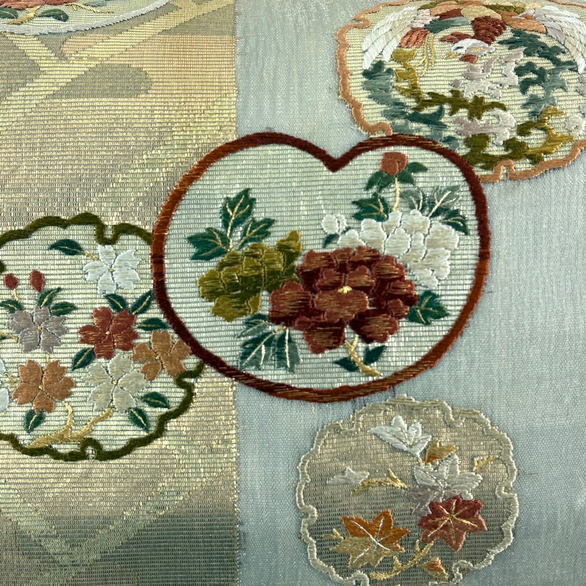 袋帶 秀品級 雪輪 花鳥 金金箔 銀絲 灰 純蠶絲