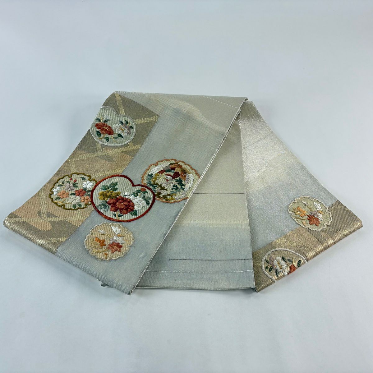 袋帶 秀品級 雪輪 花鳥 金金箔 銀絲 灰 純蠶絲
