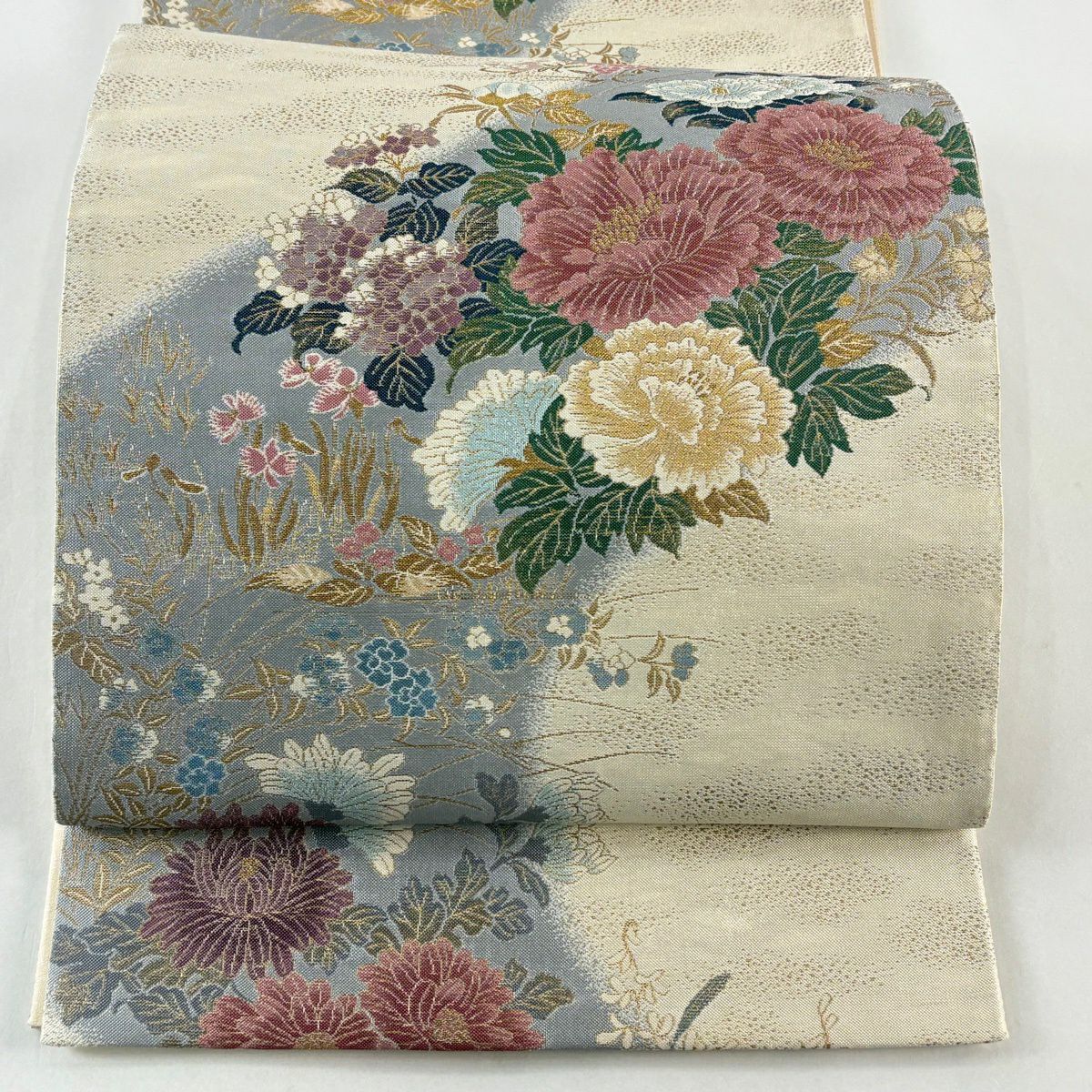 【美品】 袋帶 秀品級 草花紋紋 金金箔 金線 米色 六通 純蠶絲